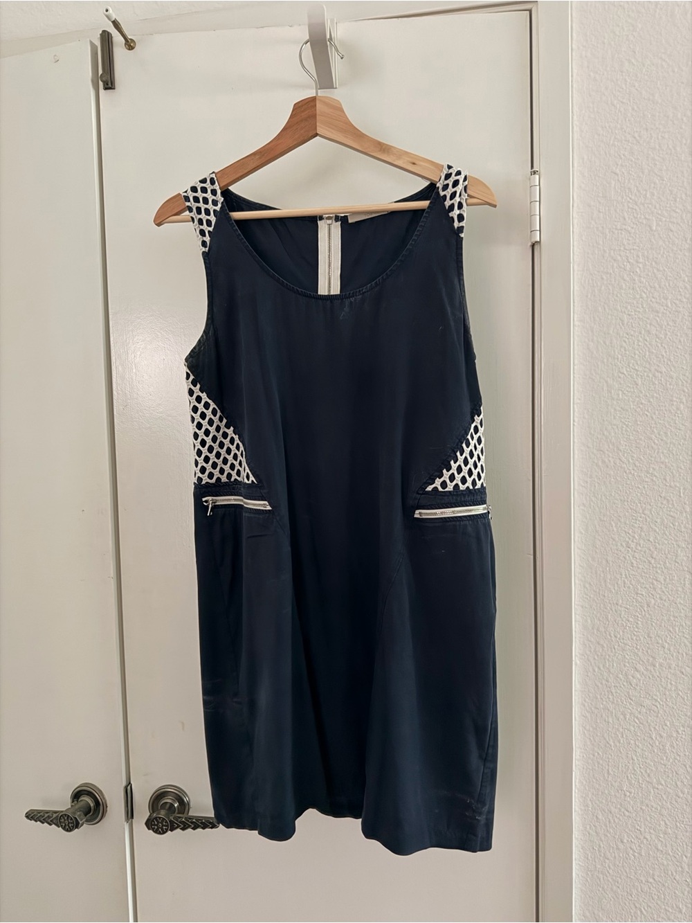 Townsen Sleeveless Navy Dress with White Lattice Accents